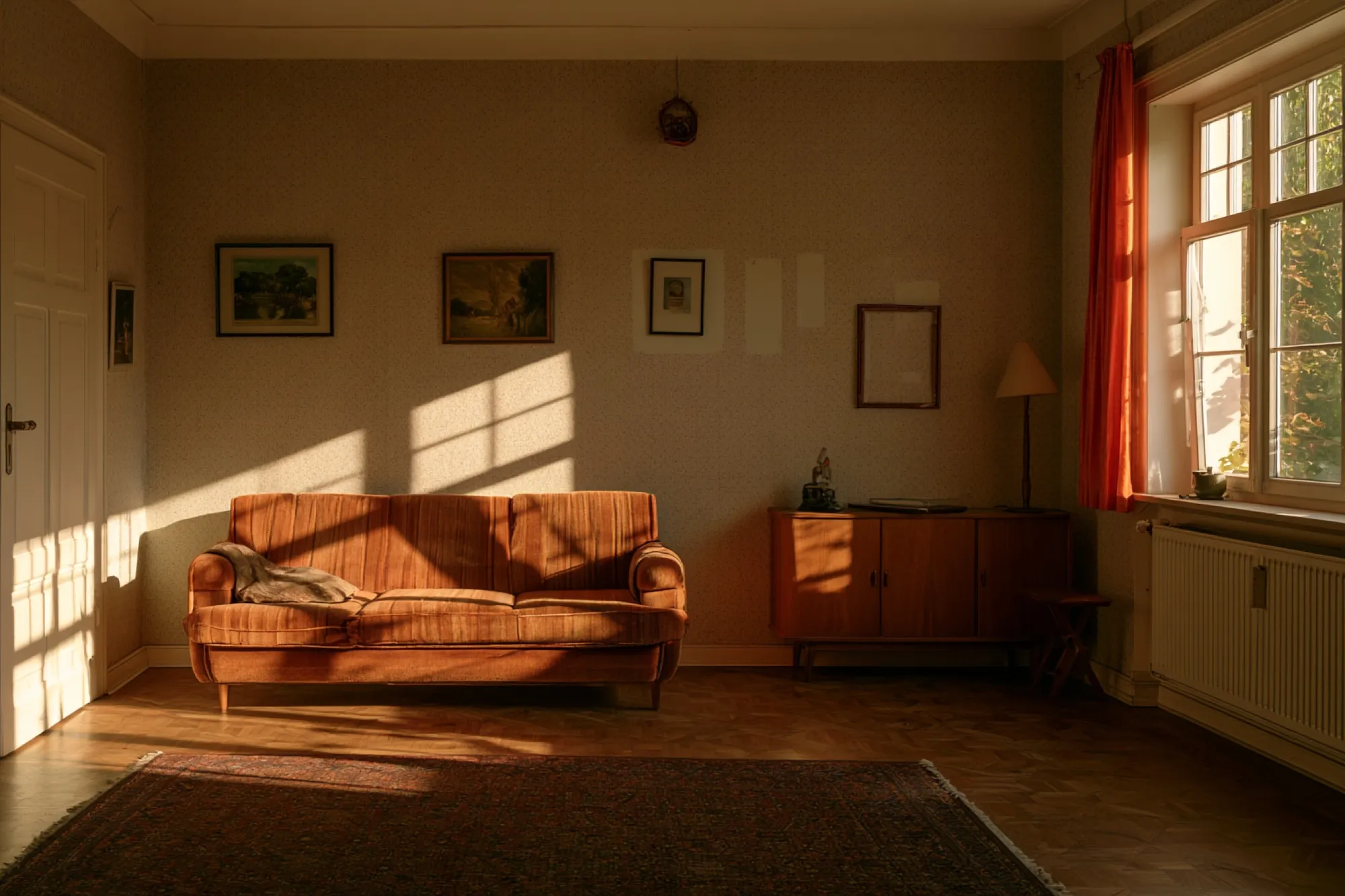 Geräumtes Wohnzimmer im geerbten Haus mit hellen Flecken, wo jahrzehntelang Bilder hingen