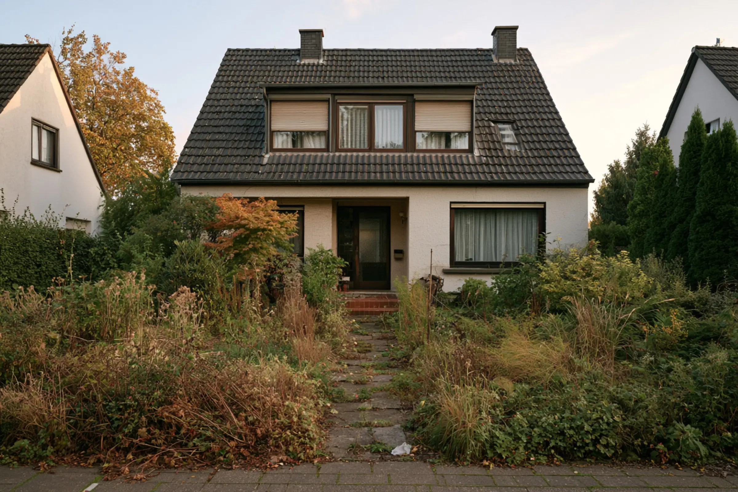 Geerbtes Haus aus den 1960er-Jahren mit verwildertem Vorgarten, das die Erben verkaufen wollen