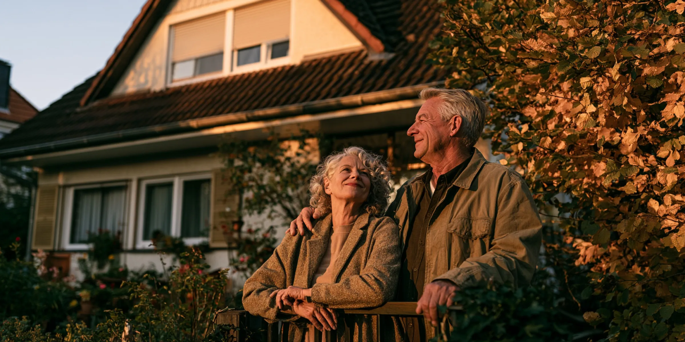 Älteres Paar am Gartentor vor dem Einfamilienhaus, das es verkaufen möchte