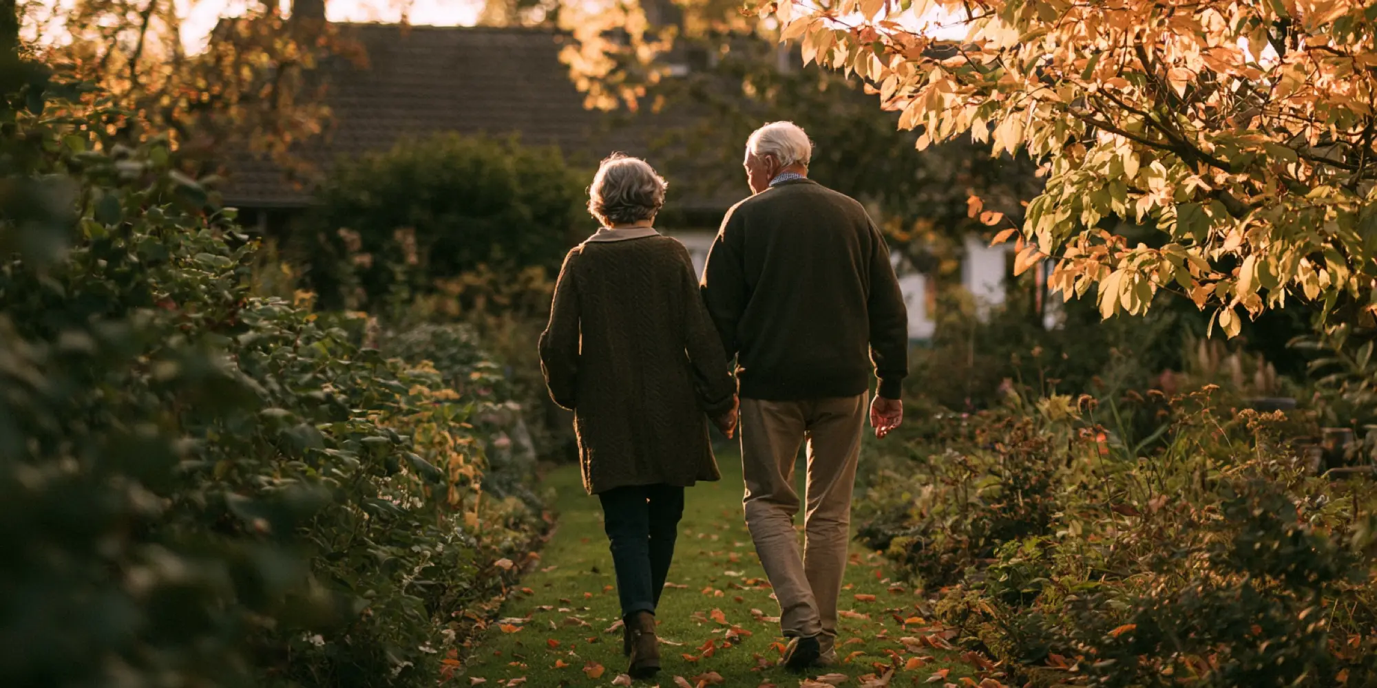 Paar geht Hand in Hand durch den Garten hinter dem geerbten Haus